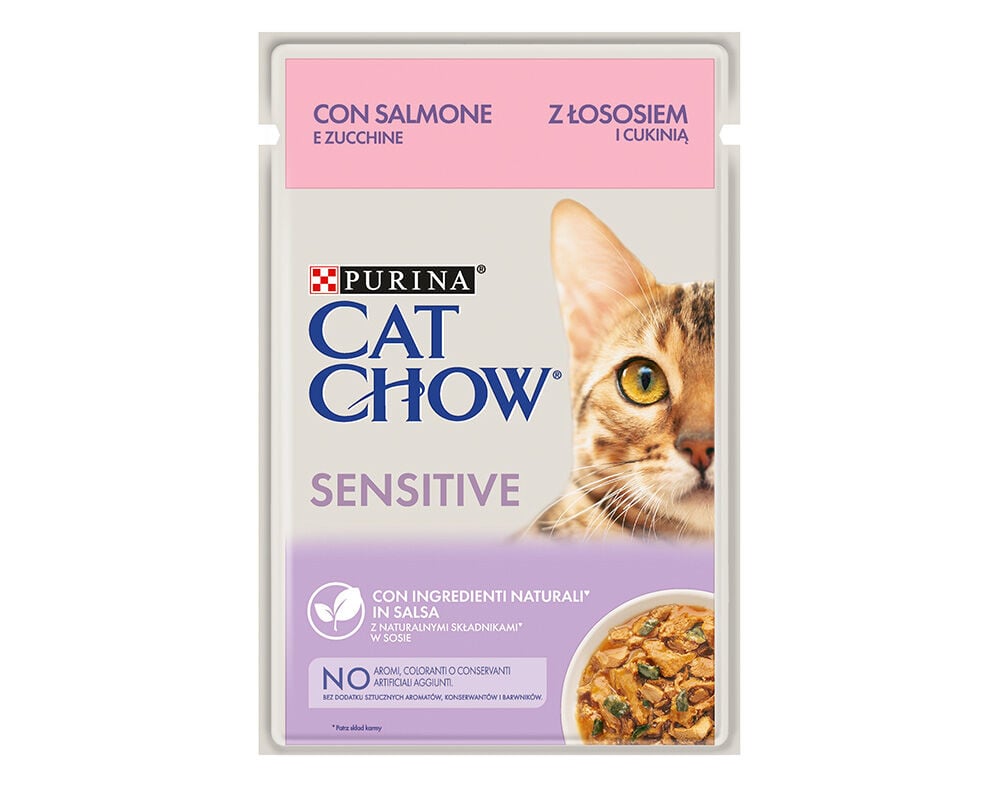 COMIDA H&Uacute;MIDA PARA GATO CAT CHOW SENSITIVE COM SALM&Atilde;O E COURGETE 85G