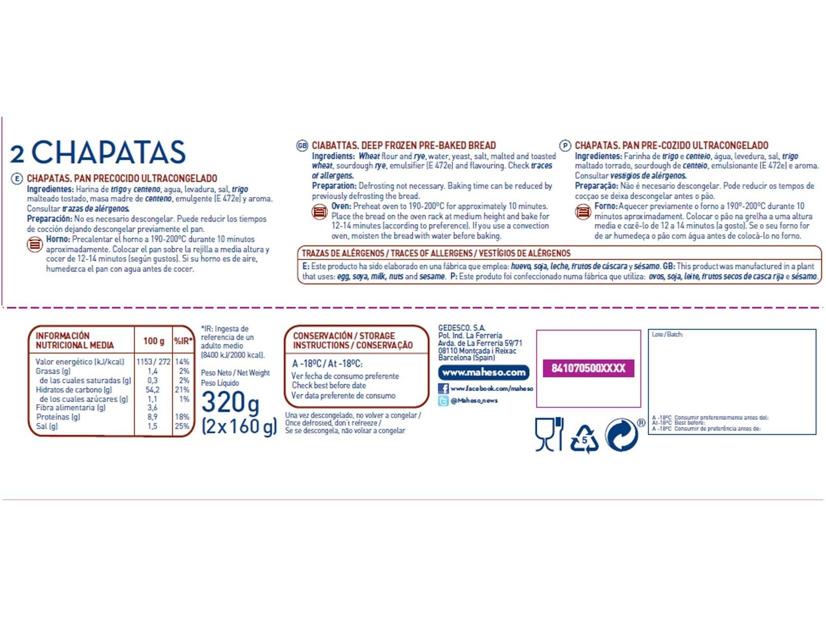 P&Atilde;O MAHESO CHAPATA 2X160G image number 1