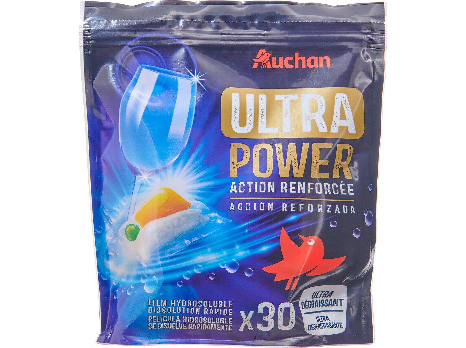DETERGENTE LOI&Ccedil;A M&Aacute;QUINA AUCHAN PASTILHAS ULTRAPOWER 30UN