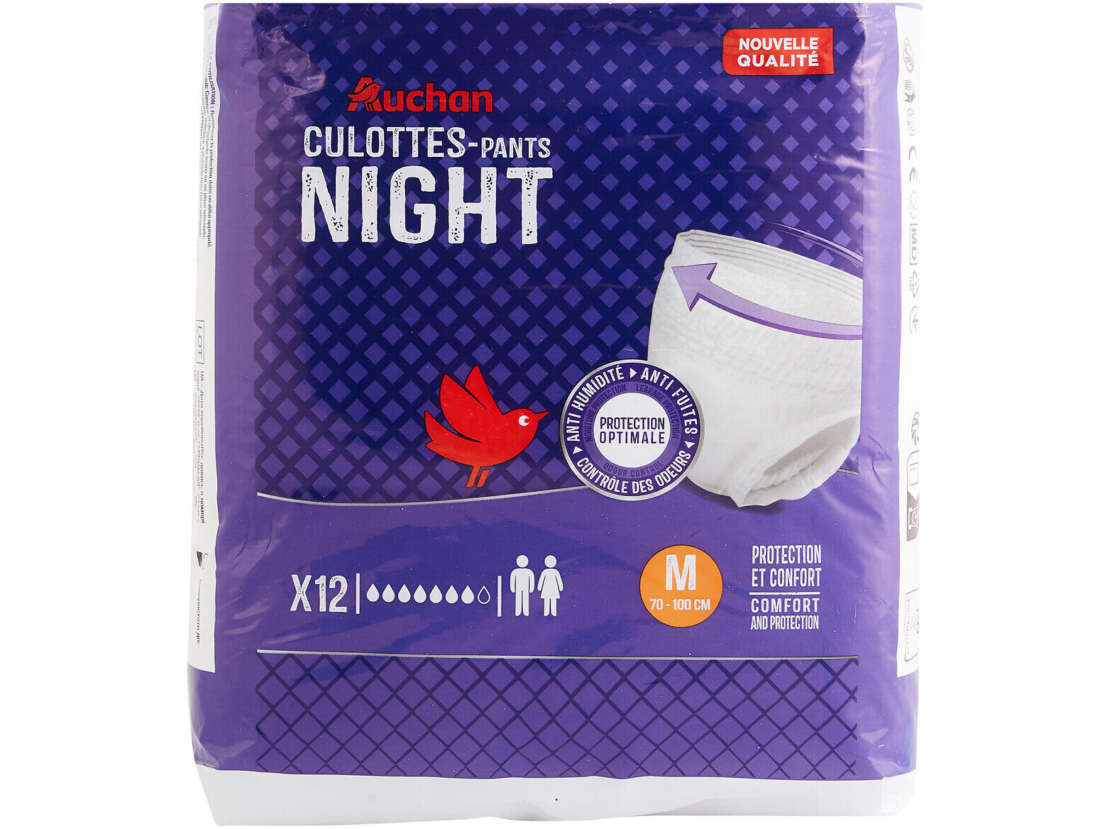 CUECAS INCONTIN&Ecirc;NCIA AUCHAN NOITE TAMANHO M&Eacute;DIO UNISSEXO 12UN