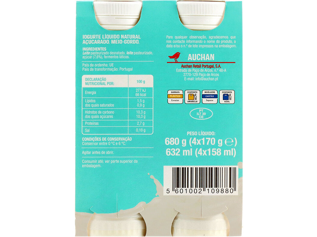 IOGURTE AUCHAN L&Iacute;QUIDO NATURAL A&Ccedil;&Uacute;CARADO 4X170G image number 2