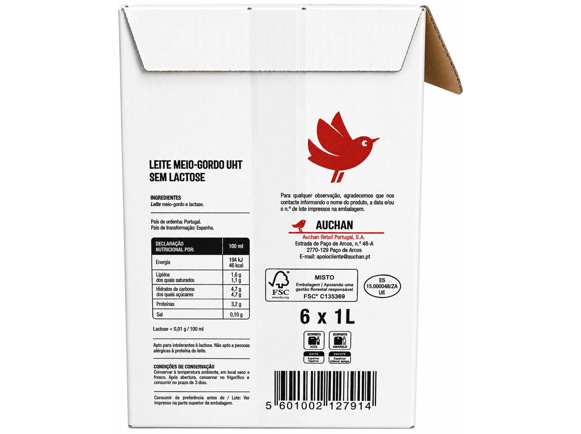 LEITE UHT SEM LACTOSE AUCHAN MEIO GORDO 6X1L image number 1
