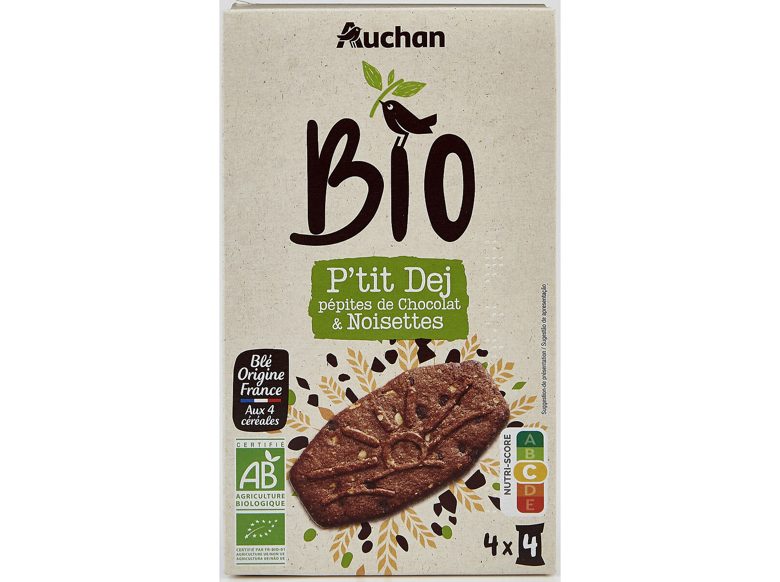 BOLACHA PEQUENO ALMO&Ccedil;O AUCHAN BIO CHOCOLATE E AVEL&Atilde; 4 SAQUETAS 200G
