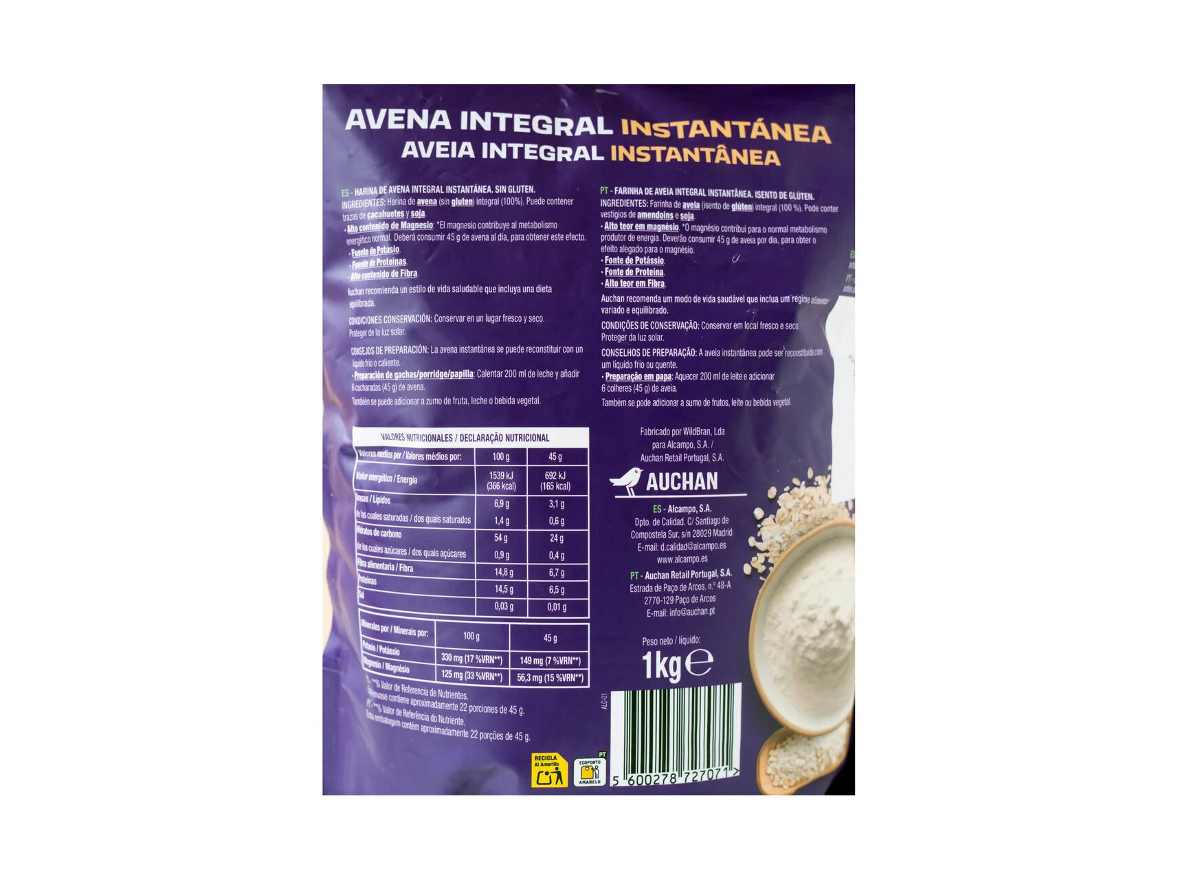 AVEIA INTEGRAL AUCHAN EAT'N MOVE ENERGY INSTANT&Acirc;NEA S/GL&Uacute;TEN 1KG image number 1