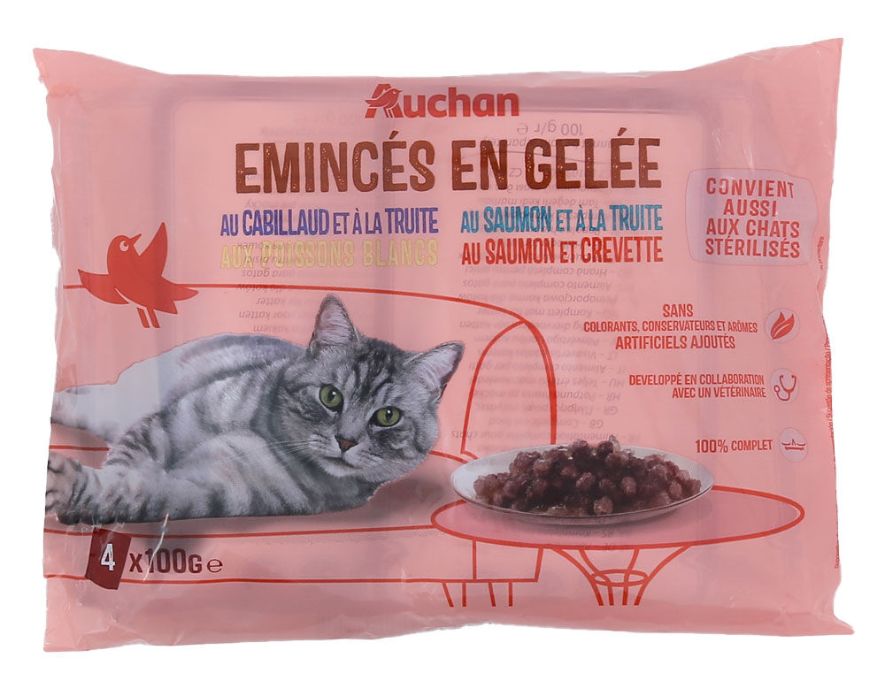 COMIDA H&Uacute;MIDA PARA GATO AUCHAN SAQUETAS PEDA&Ccedil;OS EM GELEIA PEIXE 4X100G image number 0