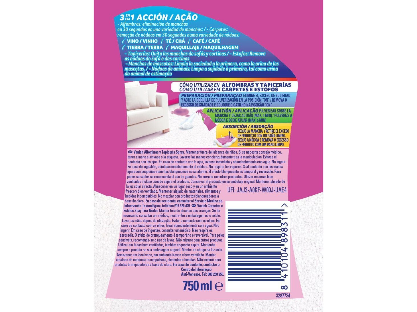 SPRAY TIRA N&Oacute;DOAS CARPETE E ESTOFOS VANISH 750ML image number 1