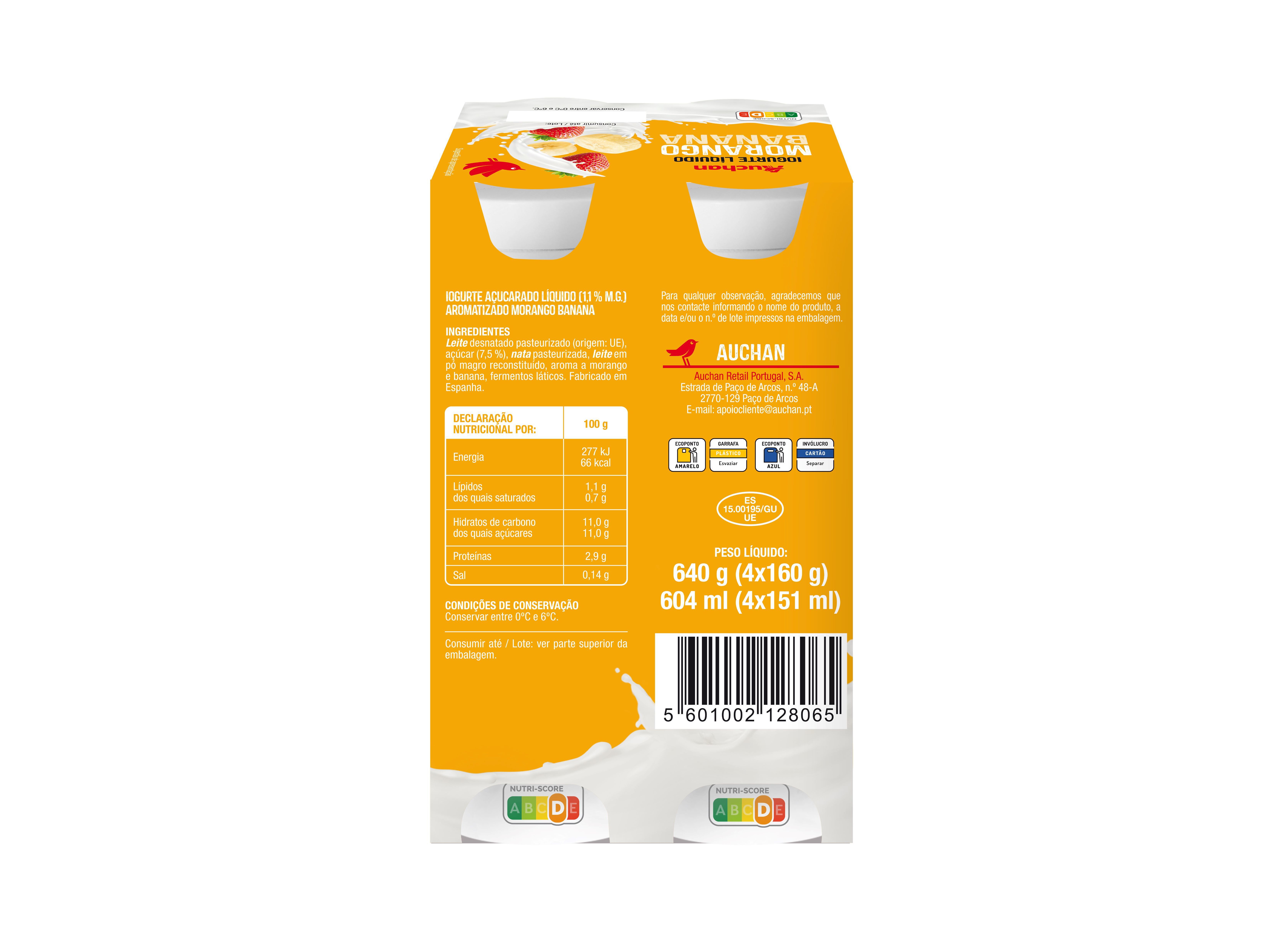 IOGURTE LIQUIDO AUCHAN MORANGO E BANANA 4X160G image number 1