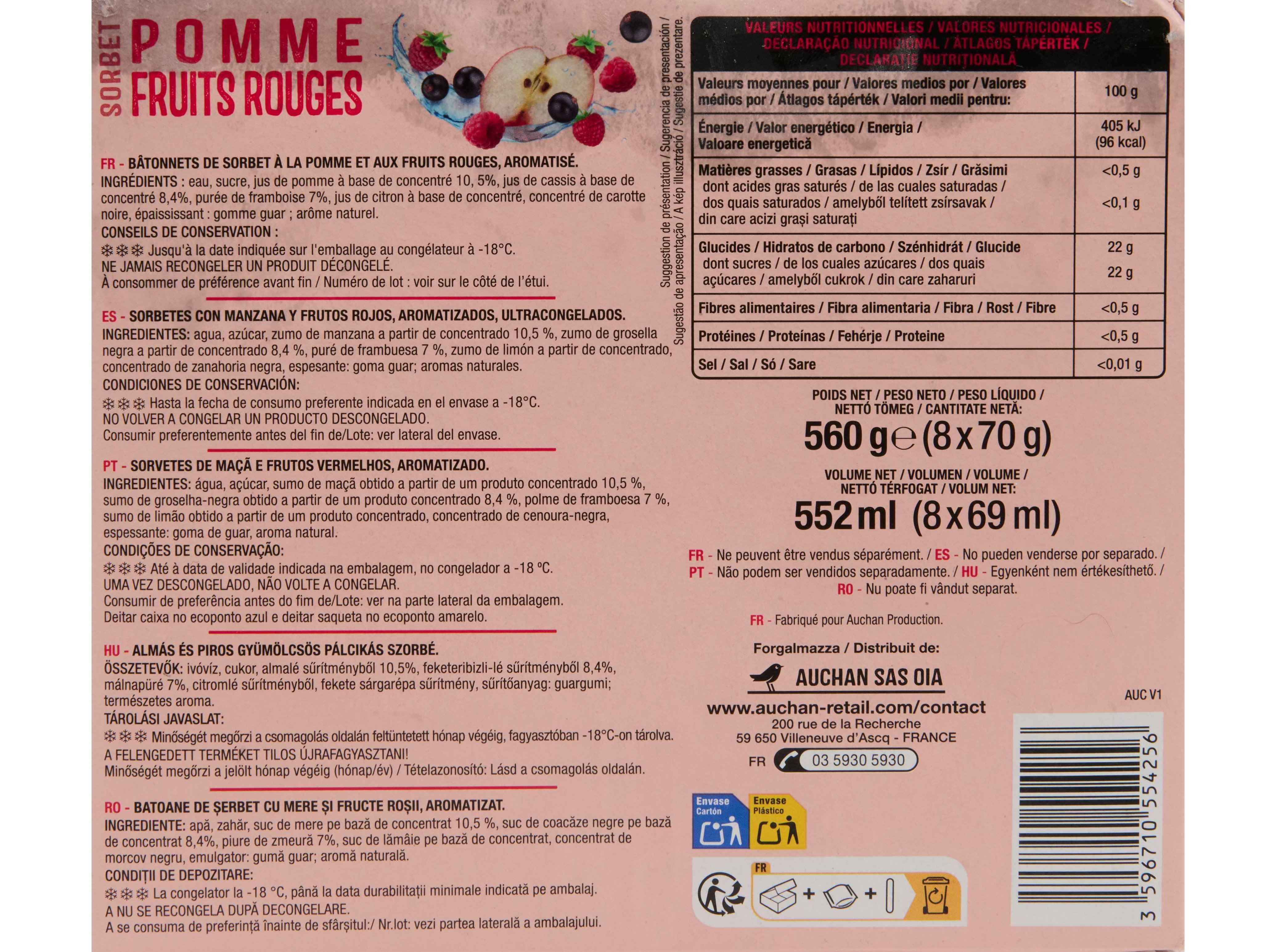 SORBET PALITO AUCHAN MA&Ccedil;&Atilde; FRUTOS VERMELHOS 8X69ML image number 2