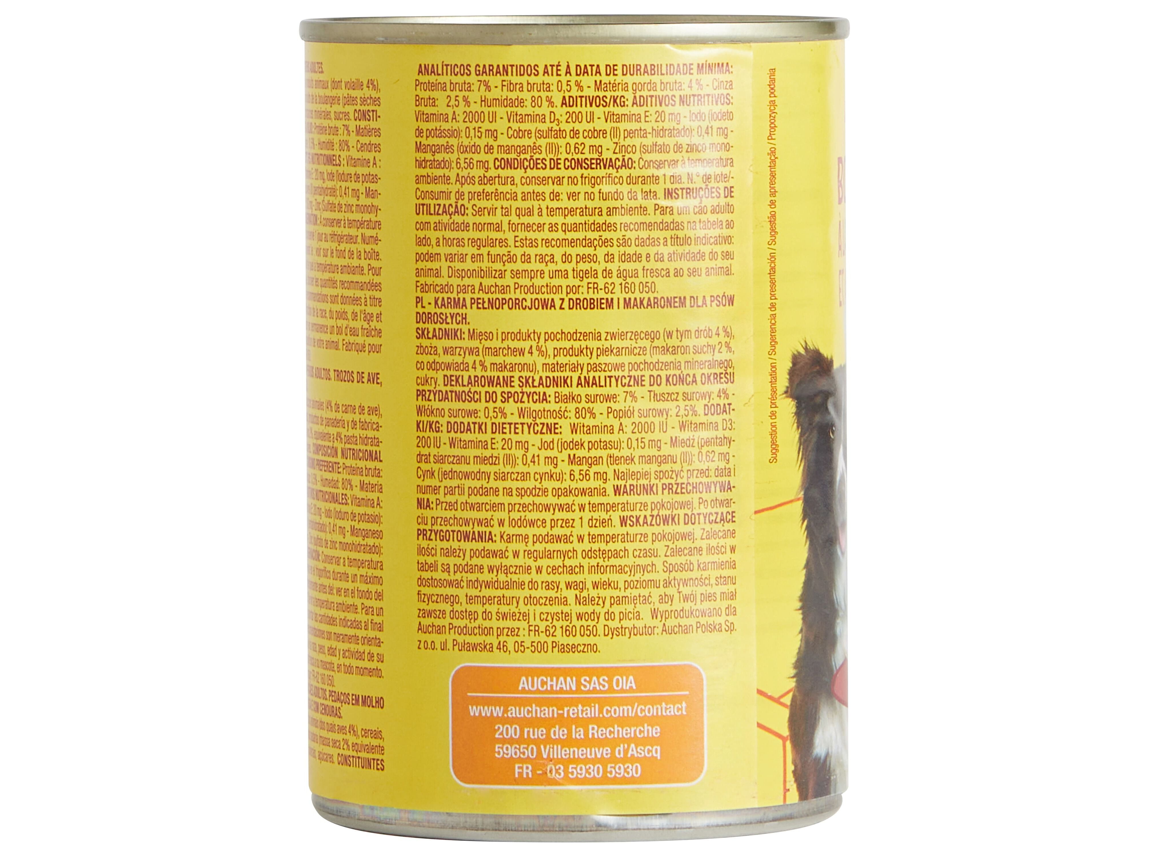 COMIDA H&Uacute;MIDA PARA C&Atilde;O AUCHAN PEDA&Ccedil;OS EM MOLHO VACA E COM MASSA 400G image number 3