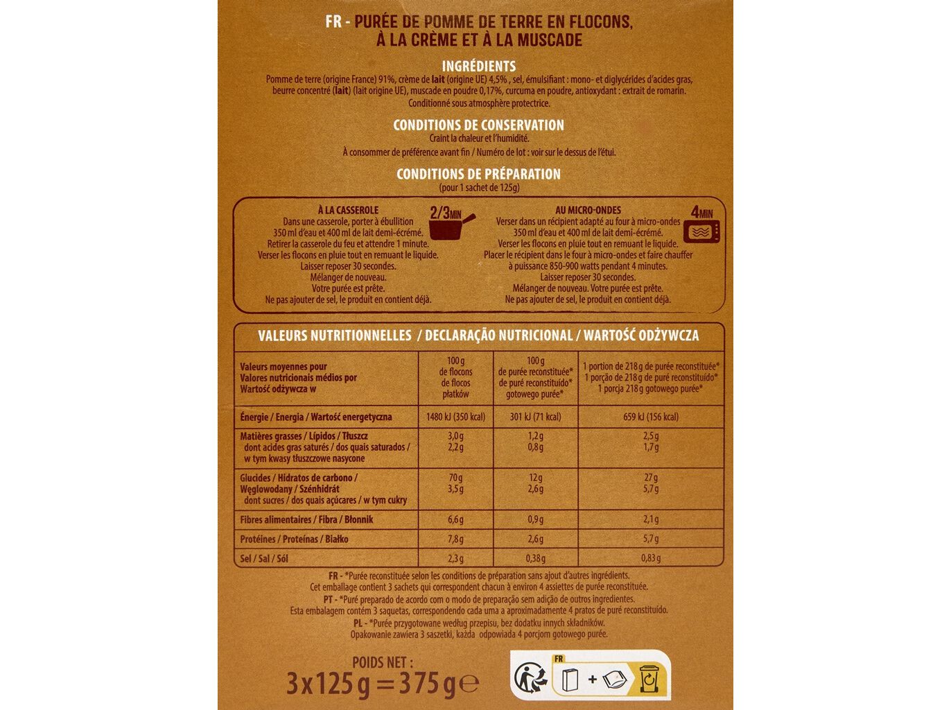 PUR&Eacute; DE BATATA AUCHAN NATAS NOZ-MOSC. 375G(3X125G image number 1