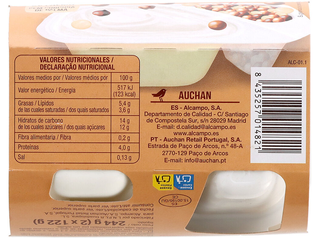 IOGURTE AUCHAN NATURAL A&Ccedil;UCARADO COM BOLITAS CHOCO 2X122G image number 2