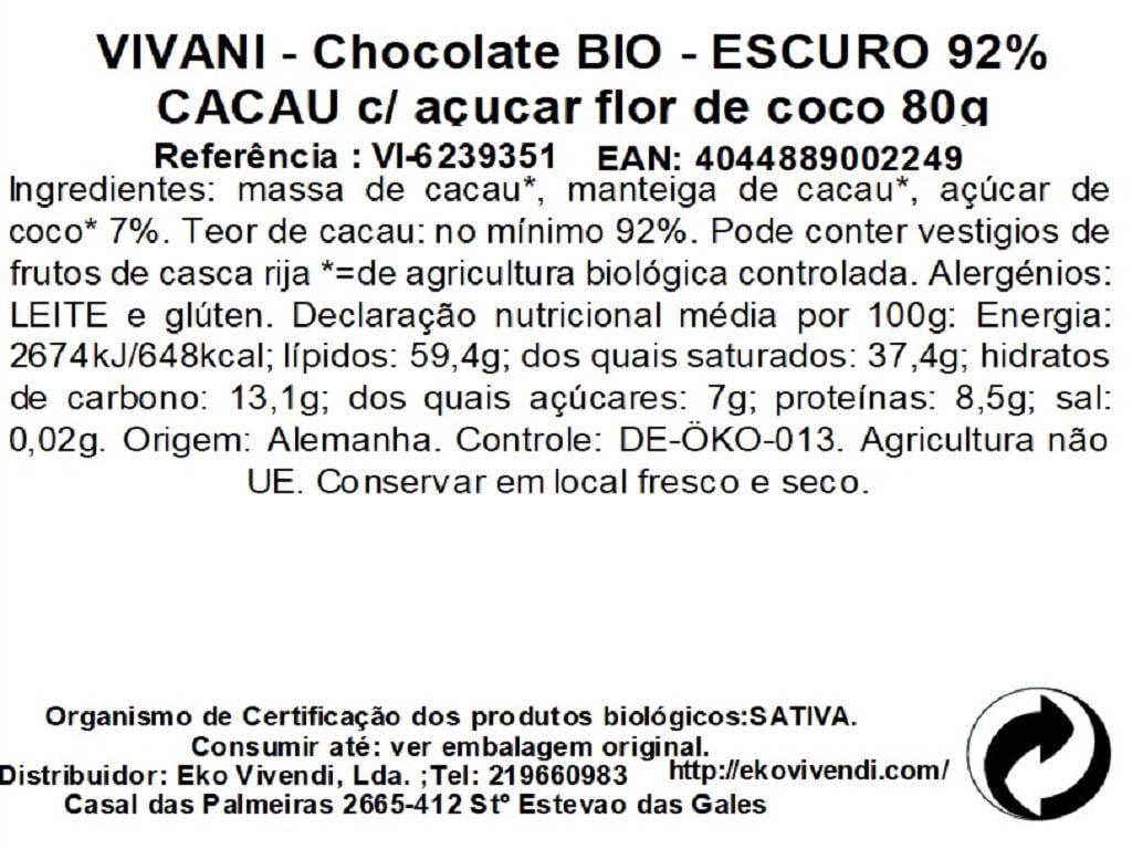 CHOCOLATE VIVANI PRETO 92% CACAU BIO 80G image number 1