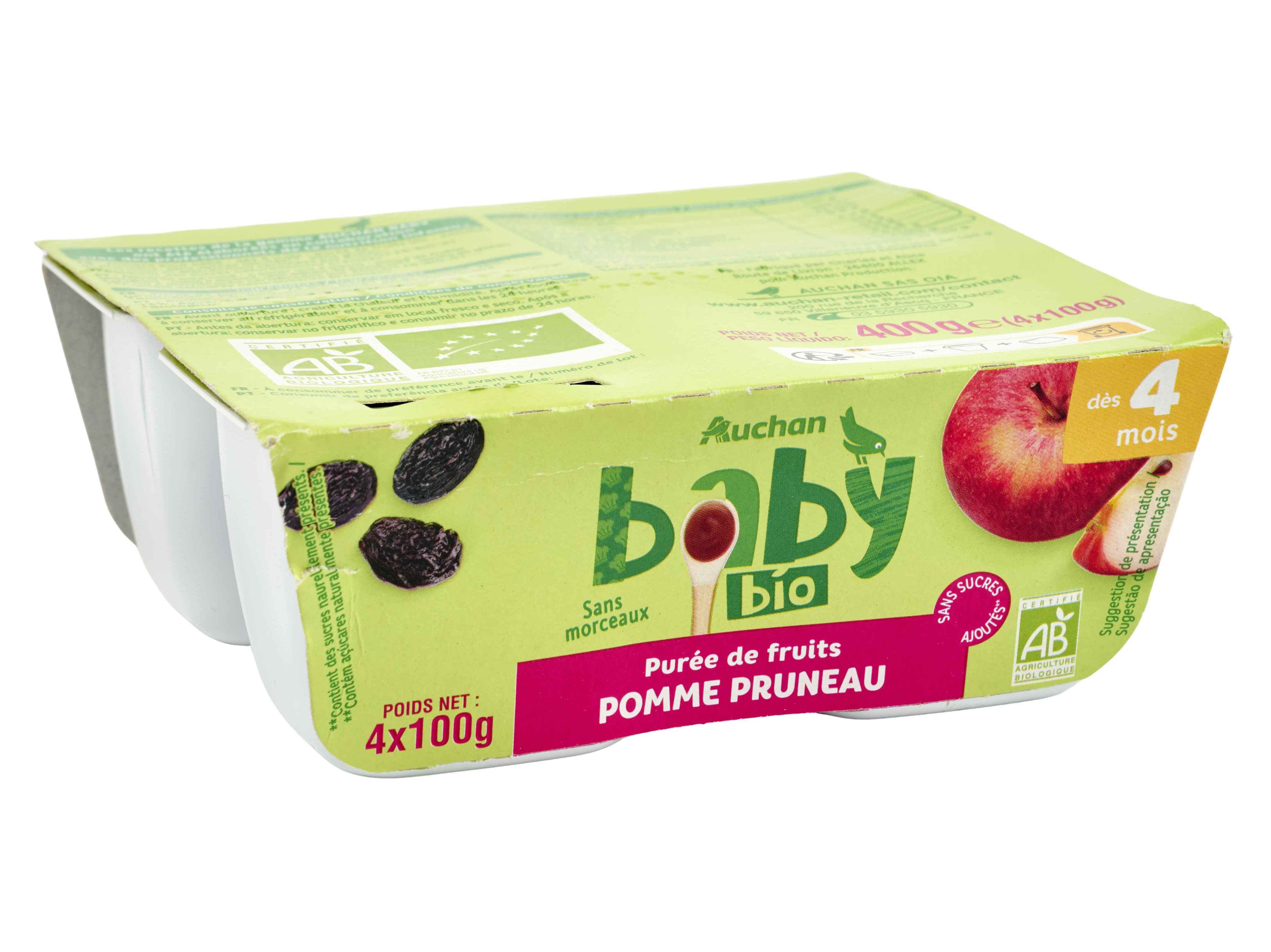 TACINHA FRUTA AUCHAN BABY BIO MA&Ccedil;&Atilde; E AMEIXAS SEM GL&Uacute;TEN 4X100G