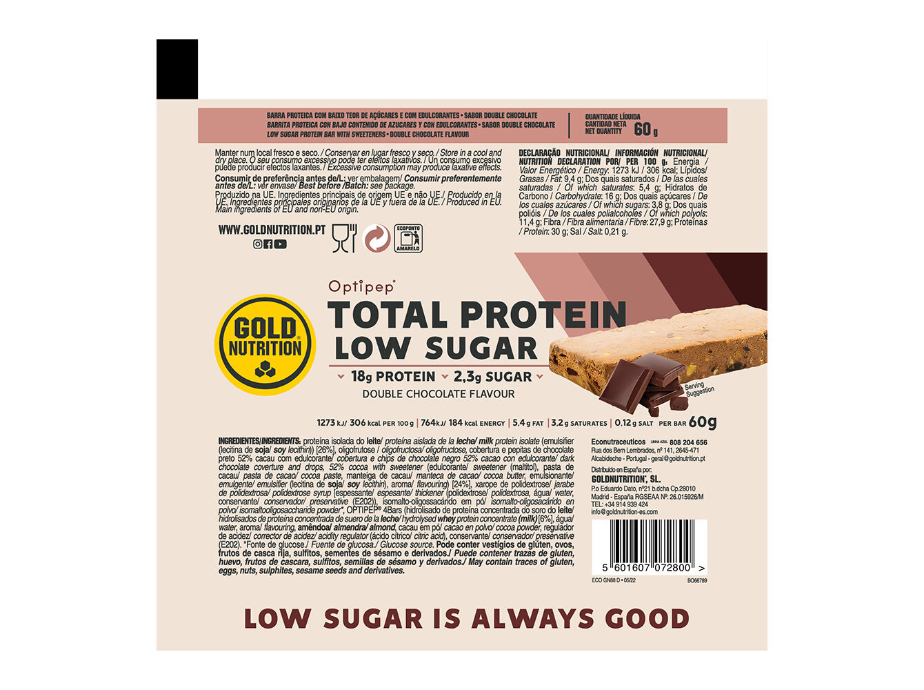 BARRA GOLDNUTRITION LOW SUGAR CHOCOLATE DUPLO 60G image number 1