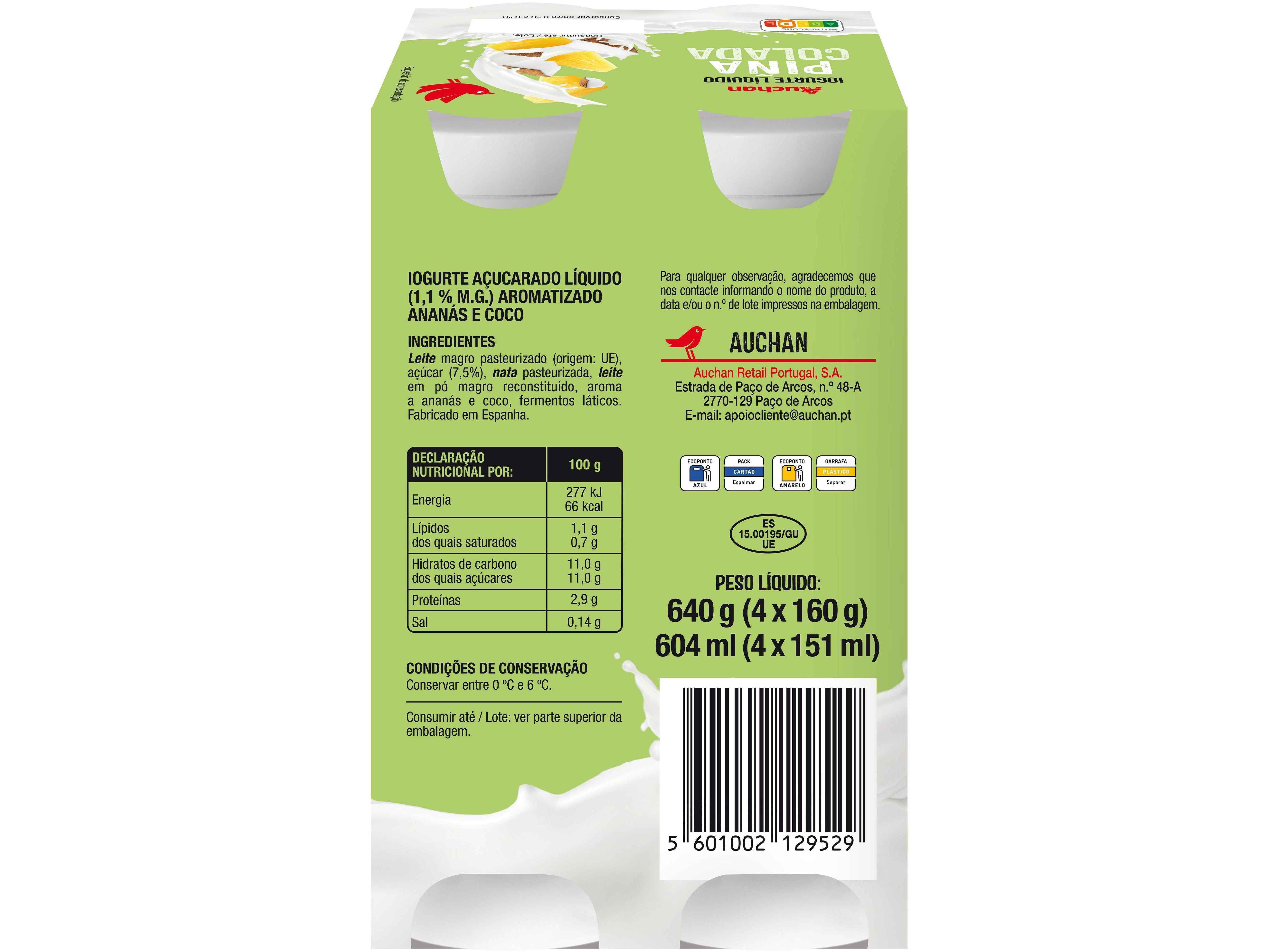 IOGURTE L&Iacute;QUIDO AUCHAN PI&Ntilde;A COLADA 4X160G image number 1