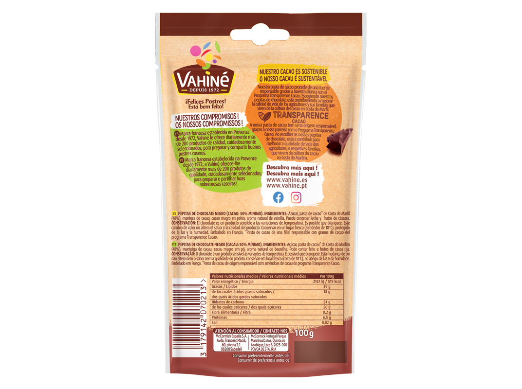 PEPITAS VAHIN&Eacute; CHOCOLATE NEGRO 100G image number 1