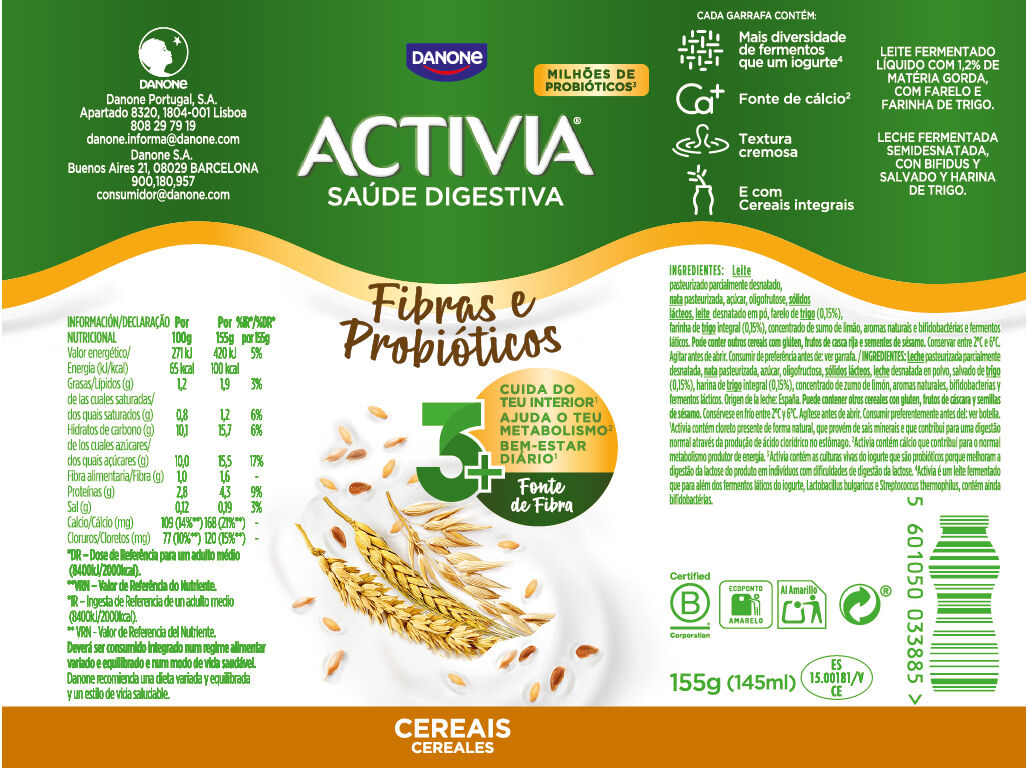 BIFIDUS DANONE ACTIVIA L&Iacute;QUIDO FIBRAS E CEREAIS 4X155G image number 1