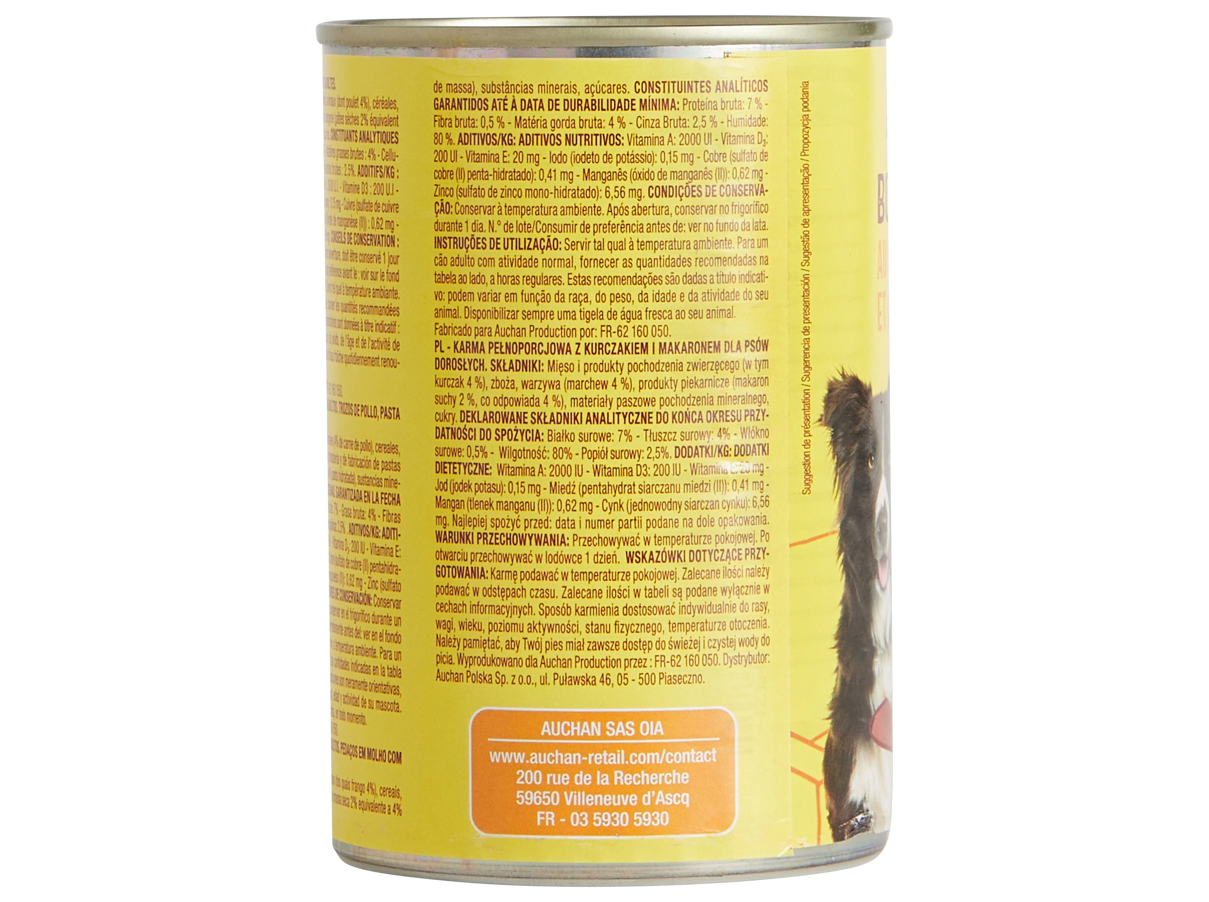 COMIDA H&Uacute;MIDA PARA C&Atilde;O AUCHAN PEDA&Ccedil;OS EM MOLHO FRANGO E COM MASSA 400G image number 3