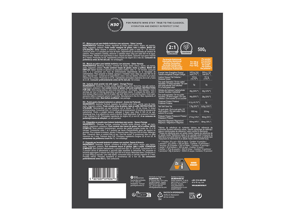 ISOTONIC GOLDNUTRITION HYDRATE H30 LARANJA 500G image number 1
