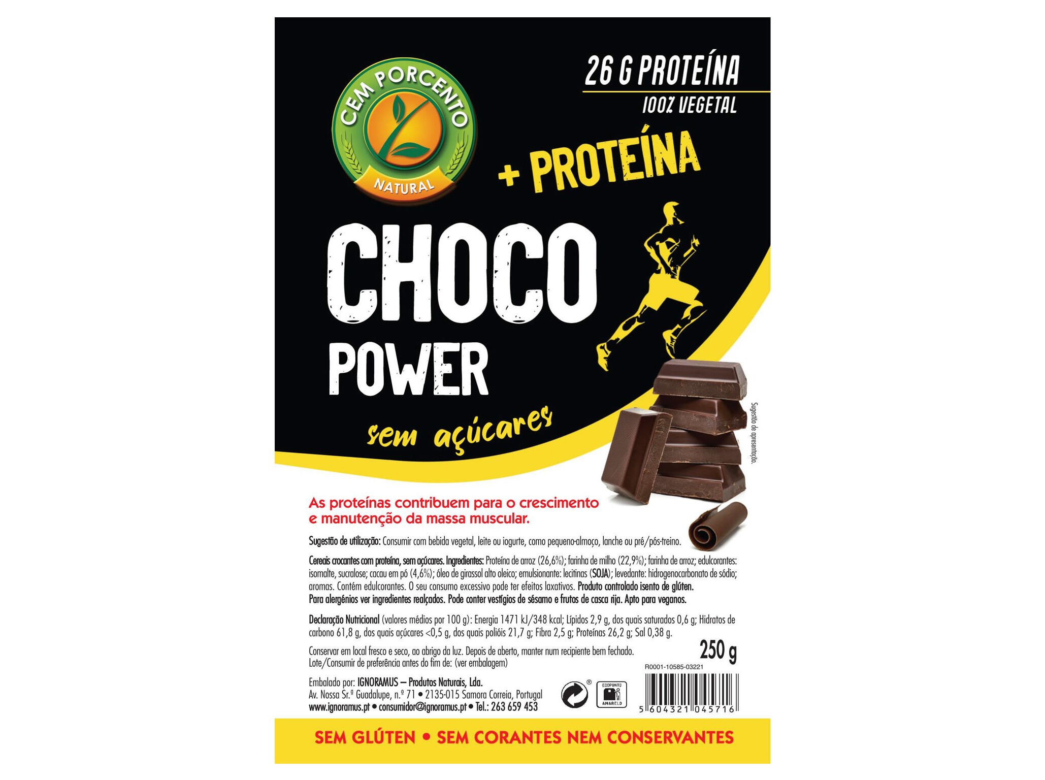 CHOCO POWER CEM PORCENTO SEM GL&Uacute;TEN E SEM A&Ccedil;&Uacute;CAR ADICIONADOS 250G image number 1
