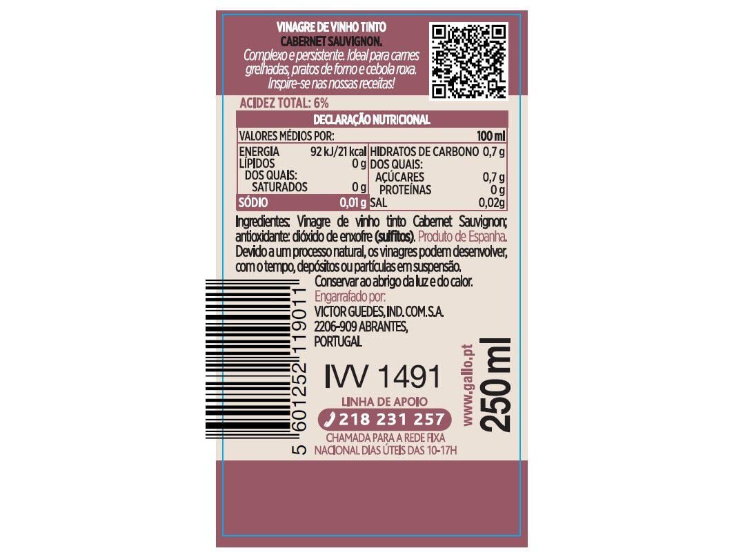 VINAGRE DE VINHO TINTO GALLO CABERNET SAUVIGNON 250ML image number 1
