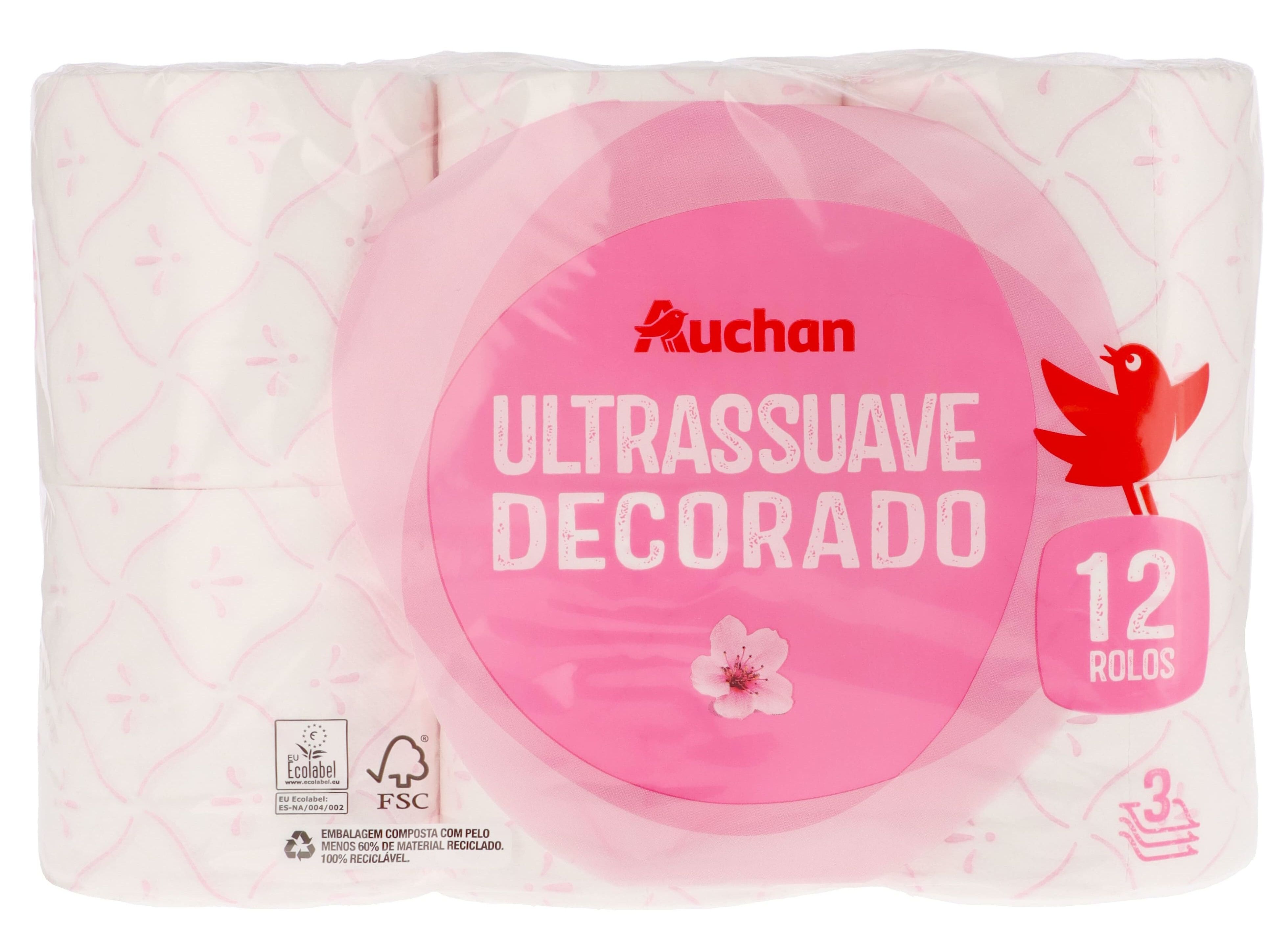 PAPEL HIGI&Eacute;NICO AUCHAN ULTRASSUAVE DECORADO 3 FOLHAS 12 ROLOS