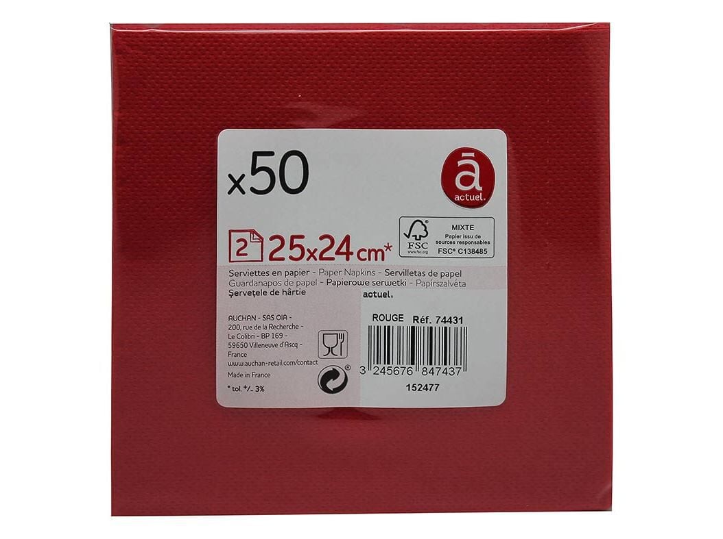 GUARDANAPOS FOLHA DUPLA ACTUEL VERMELHO 25X25CM PACK 50 UNIDADES