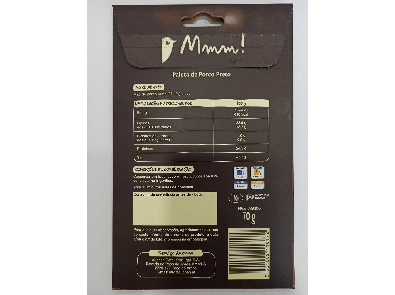 PALETA DE PORCO PRETO AUCHAN &Agrave; MESA EM PORTUGAL CULTIVAMOS O BOM ALENTEJO 18 MESES CURA 70 G image number 1