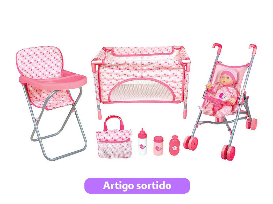 BONECO BEB&Eacute; COM CARRO CAMA CADEIRA E SACO ONE TWO FUN MODELOS SORTIDOS image number 3