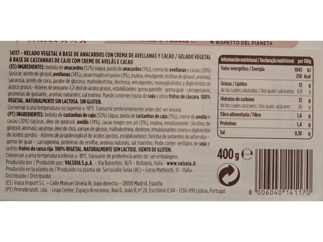 GELADO VEGAN VALSOIA CHOCOLATE E AVEL&Atilde;S 400G image number 1