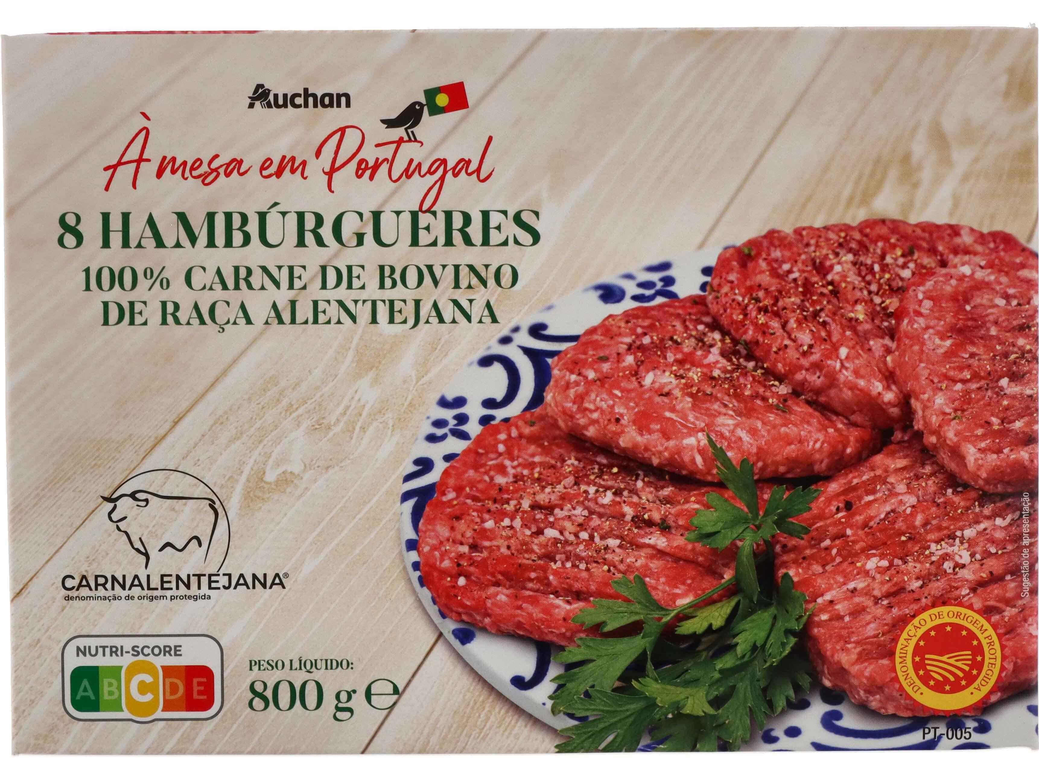 HAMB&Uacute;RGUERES DOP AUCHAN &Agrave; MESA EM PORTUGAL 100% BOVINO ALENTEJANO 8X100G