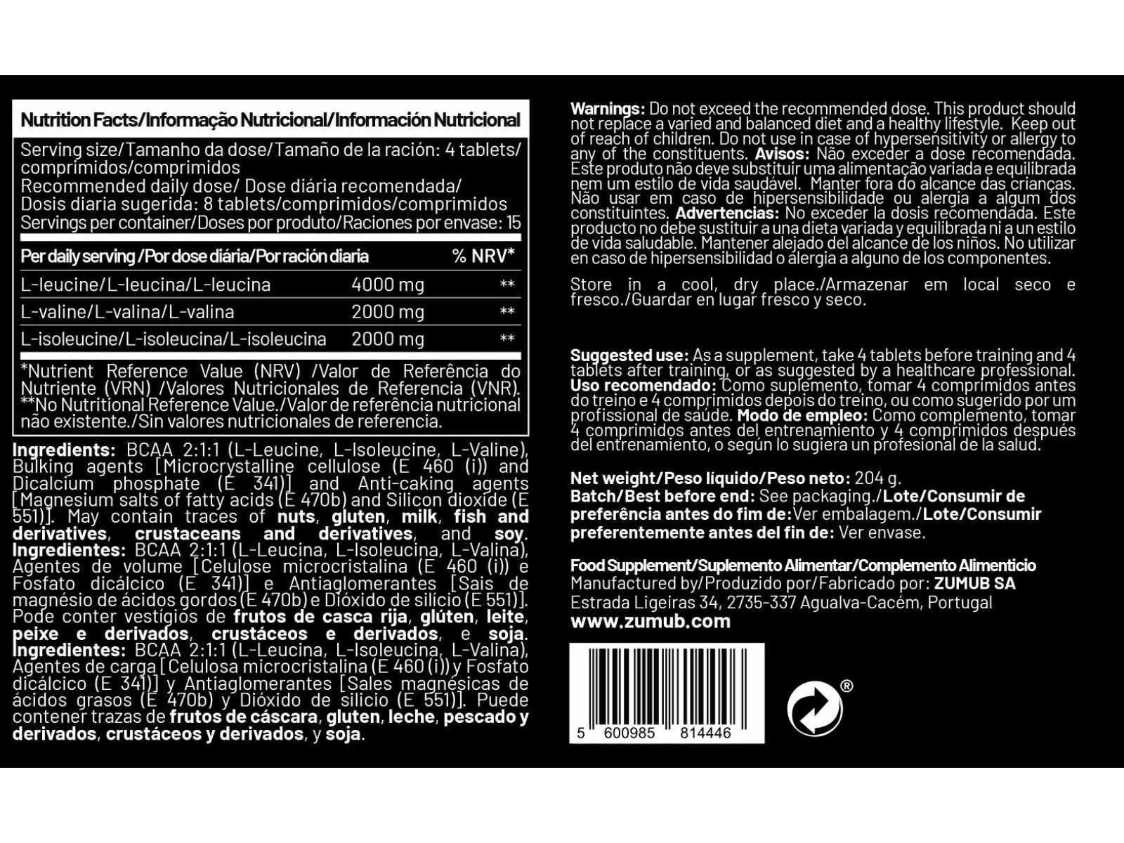 SUPLEMENTO ZUMUB BCAAS E AMINO&Aacute;CIDOS 120COMP image number 1