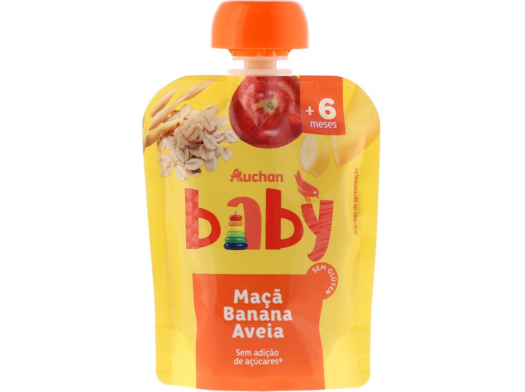 SAQUETA DE FRUTA AUCHAN BABY MA&Ccedil;&Atilde; BANANA E AVEIA 90 GR