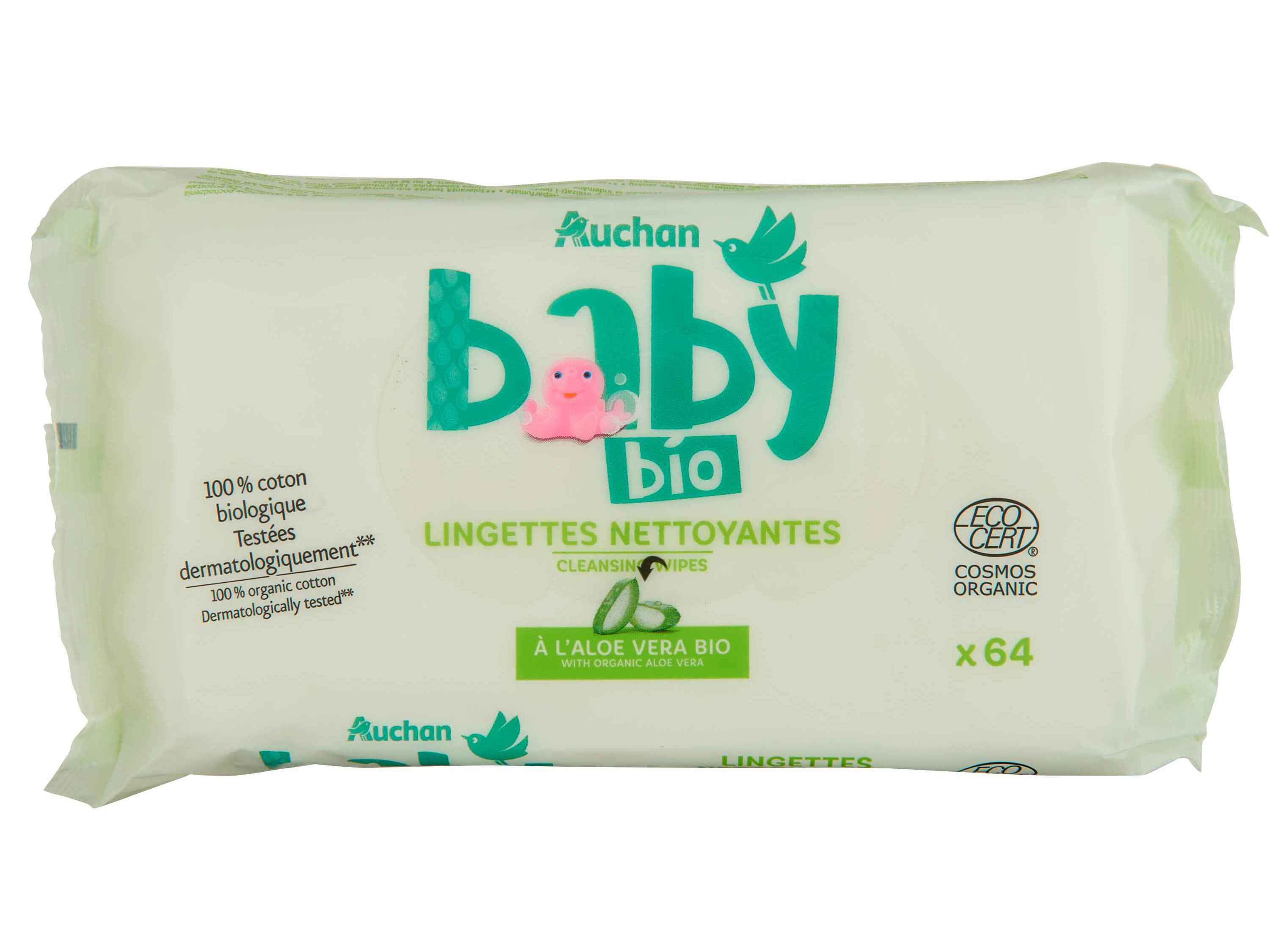 TOALHITAS AUCHAN BABY BIO ALO&Eacute; VERA 100% ALGOD&Atilde;O 64UN image number 0