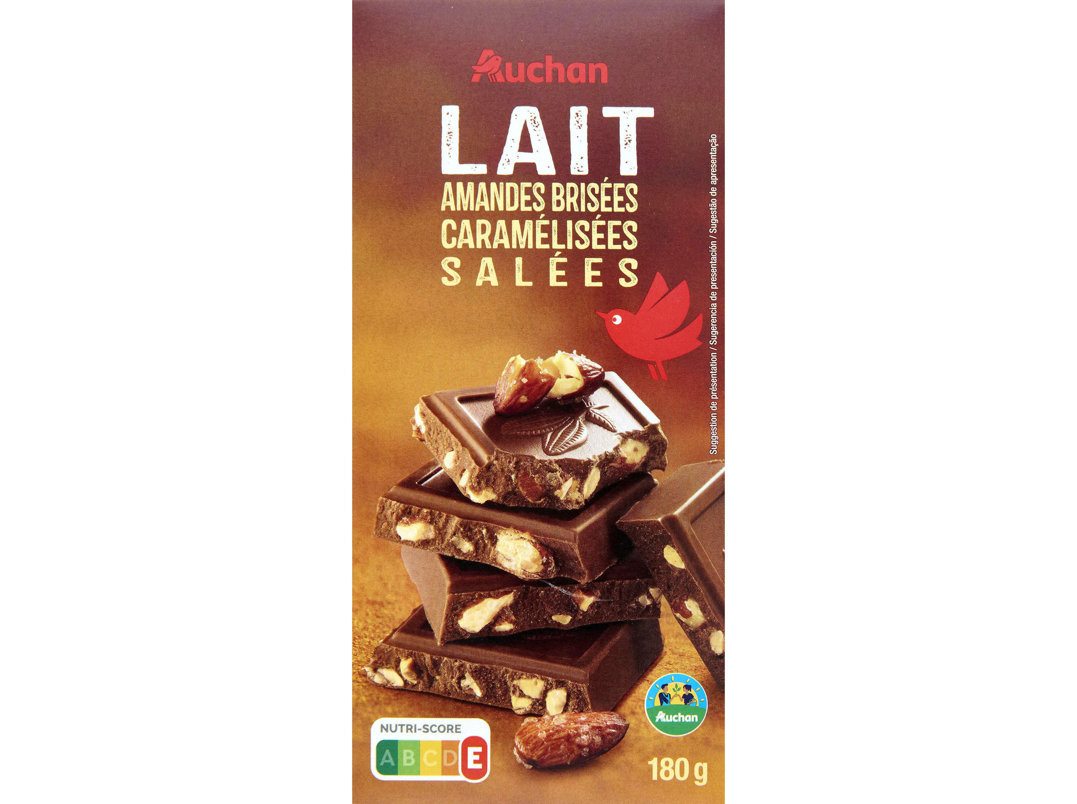 CHOCOLATE LEITE AUCHAN CULTIVAMOS O BOM COM AM&Ecirc;NDOAS CARAMELIZADAS 180G