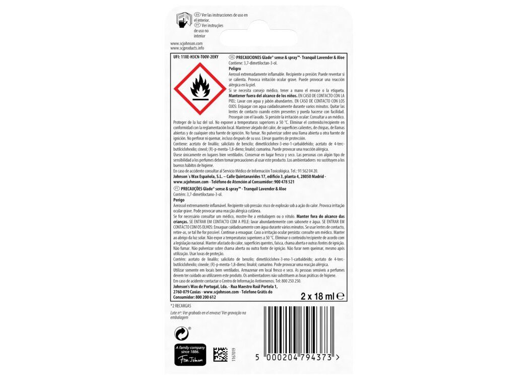 AMBIENTADOR GLADE SENSE & SPRAY RECARGA LAVANDA 2X18ML image number 1