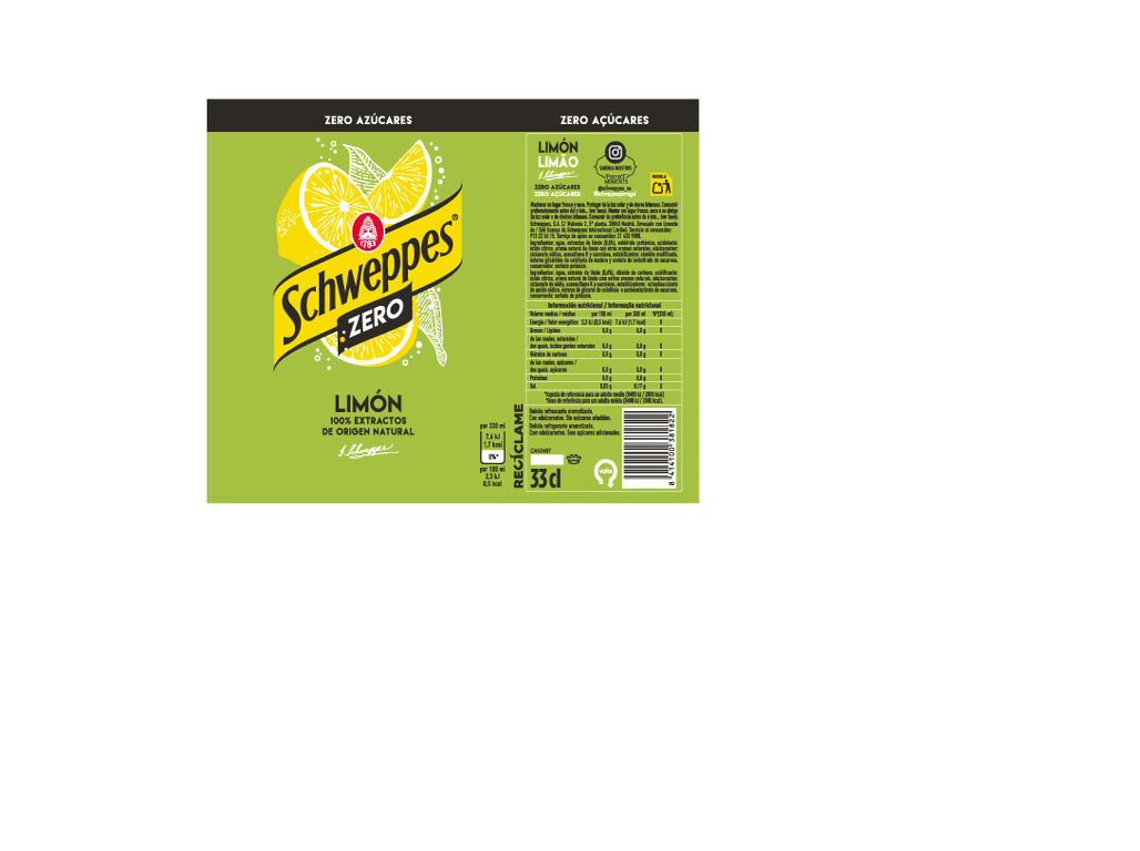 REFRIGERANTE C/ G&Aacute;S SCHWEPPES LIM&Atilde;O ZERO LATA 0.33L (SDR) image number 1