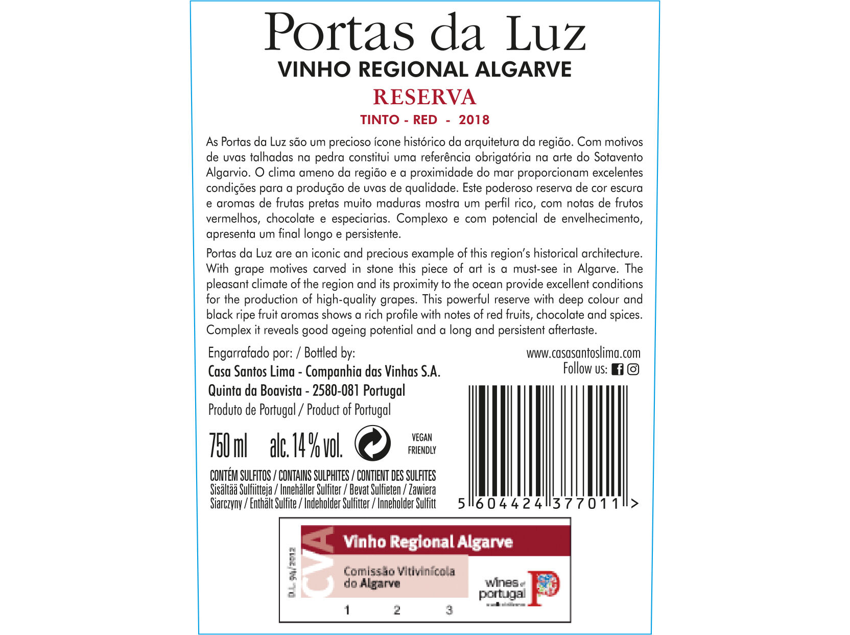 VINHO TINTO PORTAS DA LUZ RESERVA ALGARVE 0.75L image number 1