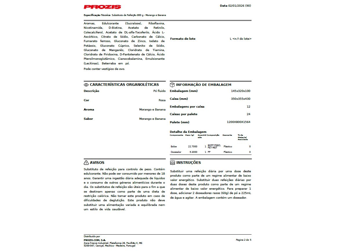 BATIDO SUBST REF PROZIS MORANGO BANANA 800GR image number 2