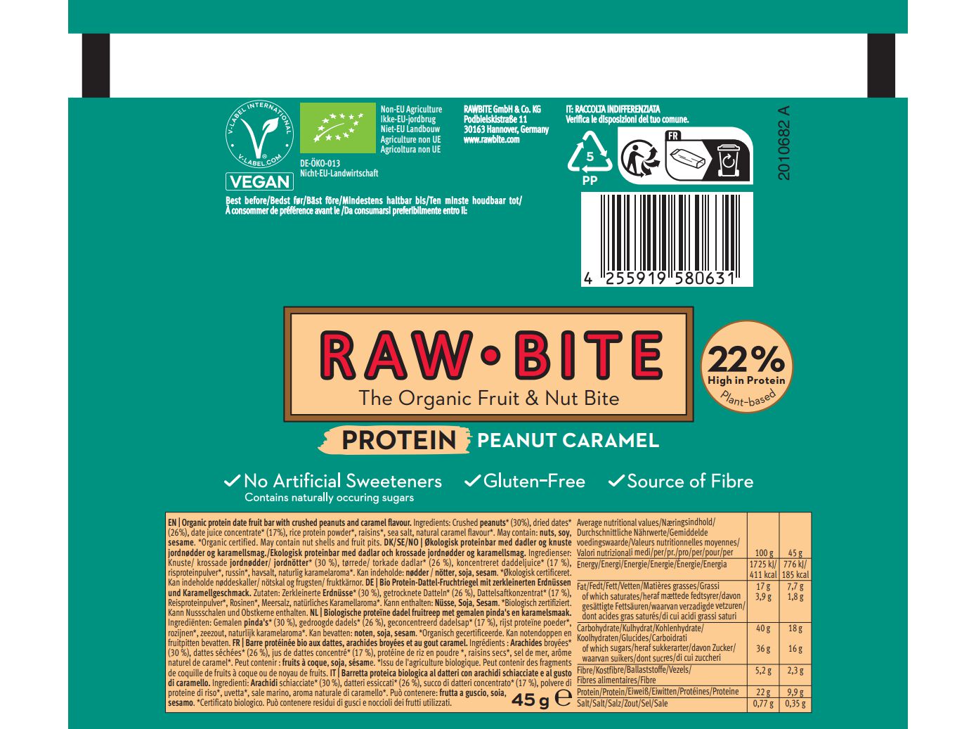 BARRA BIO RAW BITE PROTE&Iacute;NA AMENDOIM CARAMELO 45G image number 1