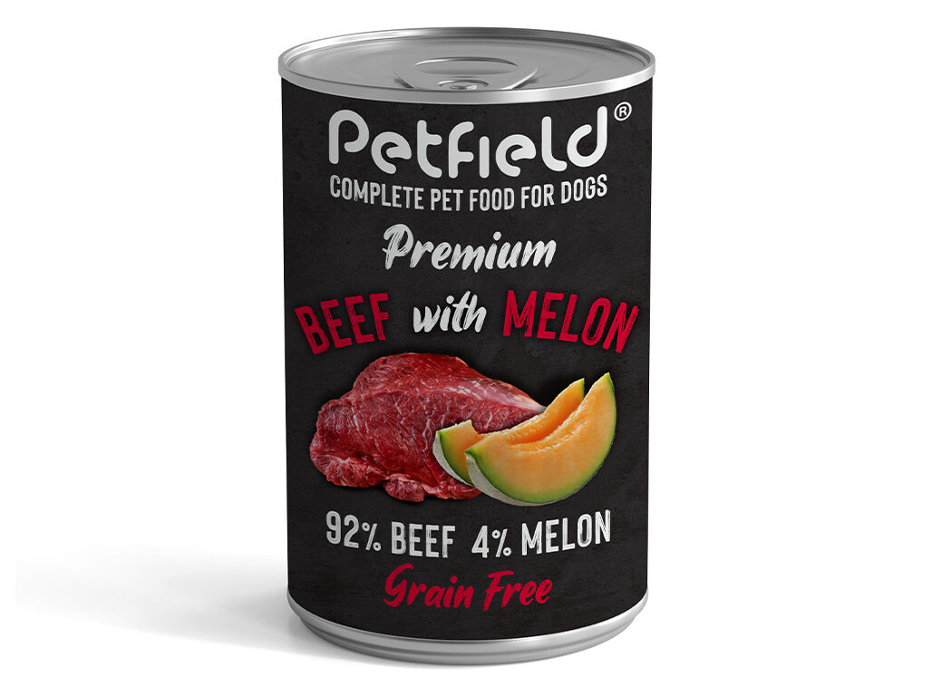 COMIDA H&Uacute;MIDA C&Atilde;O PETFIELD VACA E MEL&Atilde;O 400G