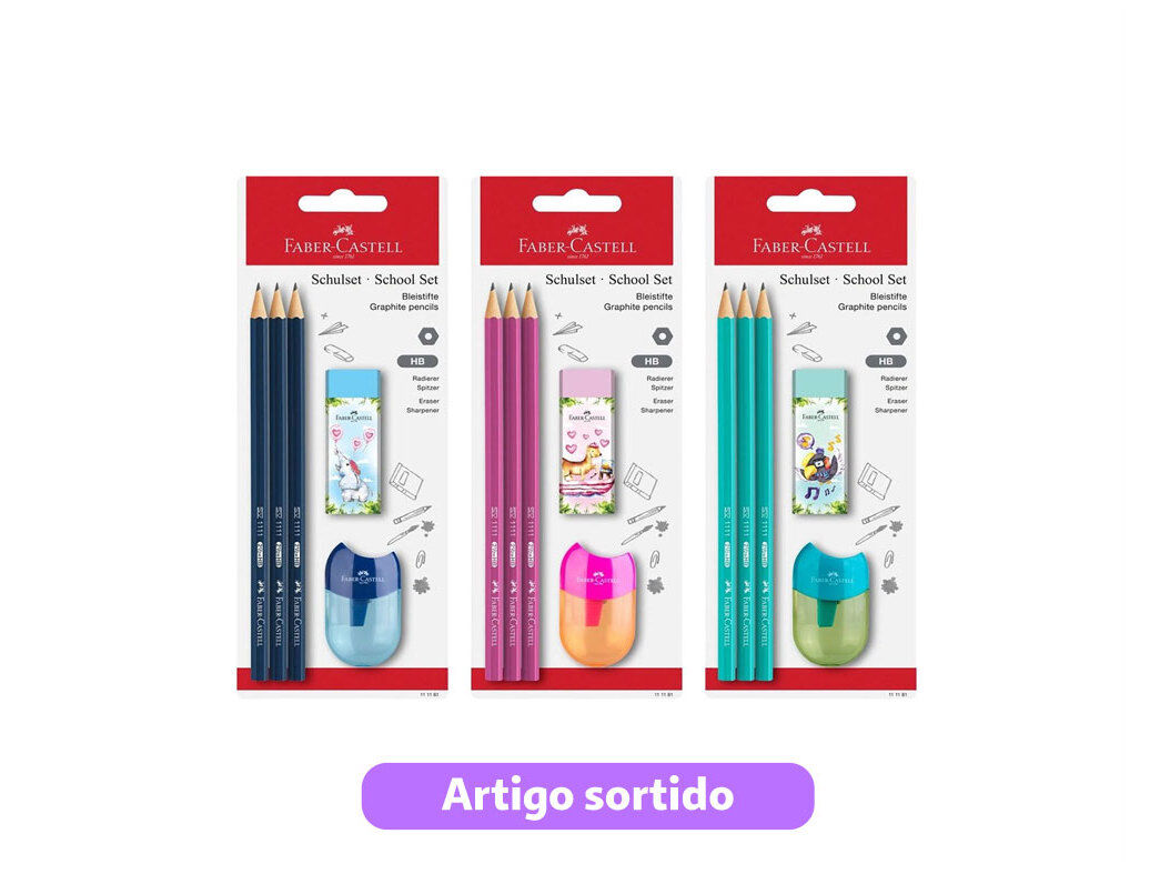 CONJUNTO 3 LAPIS GRAFITE FABER HB+BORRACHA+AFIA CORES SORTIDAS