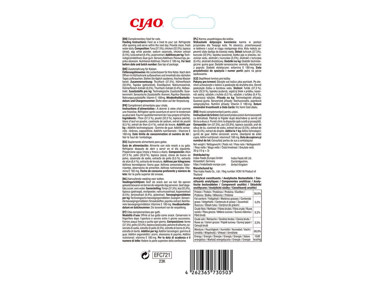 SNACK PARA GATO CIAO CHURU FRANGO / ATUM 3X10G image number 1