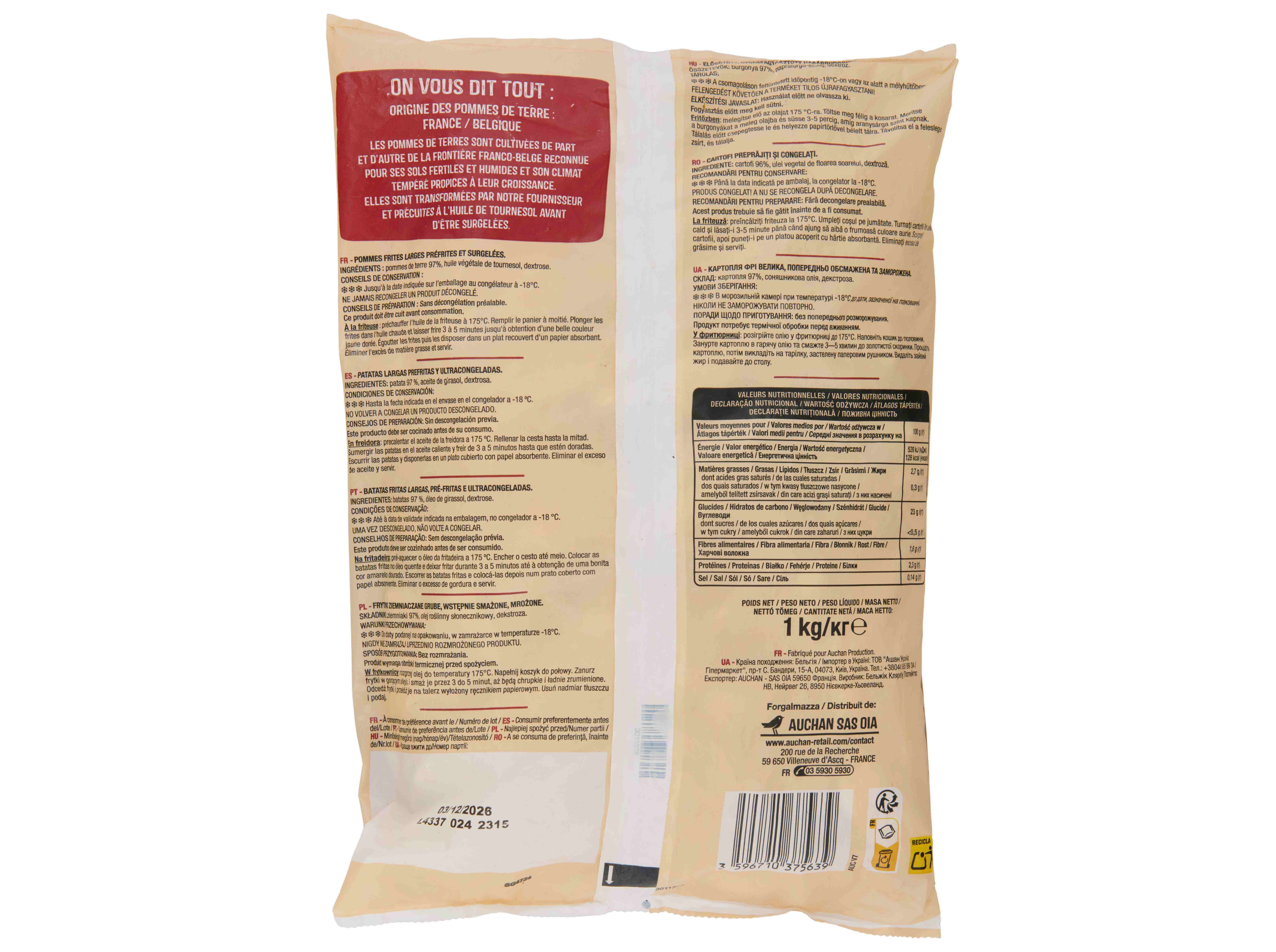 BATATAS PR&Eacute;-FRITAS AUCHAN EXTRA LARGAS PARA FRITAR 1KG image number 1