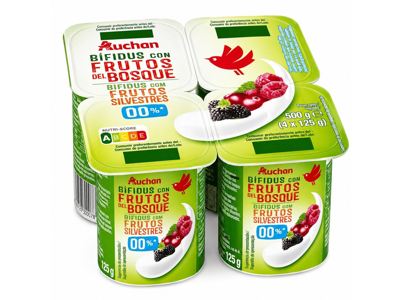 B&Iacute;FIDUS AUCHAN PEDA&Ccedil;OS MAGRO FRUTOS VERMELHOS 4X125G