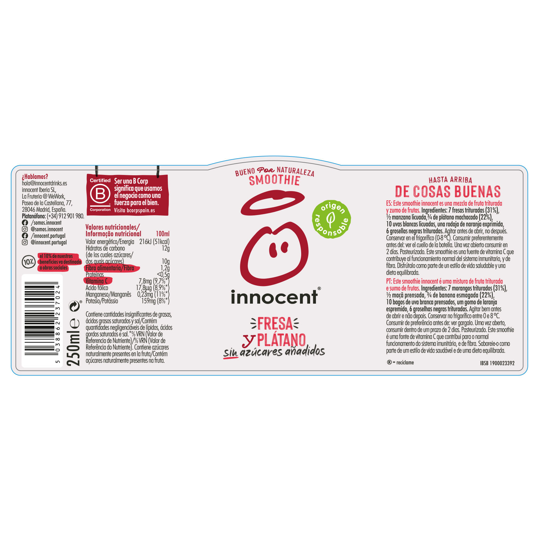 SMOOTHIE INNOCENT MORANGO E BANANA 250ML image number 1