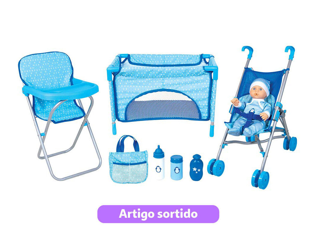 BONECO BEB&Eacute; COM CARRO CAMA CADEIRA E SACO ONE TWO FUN MODELOS SORTIDOS image number 1