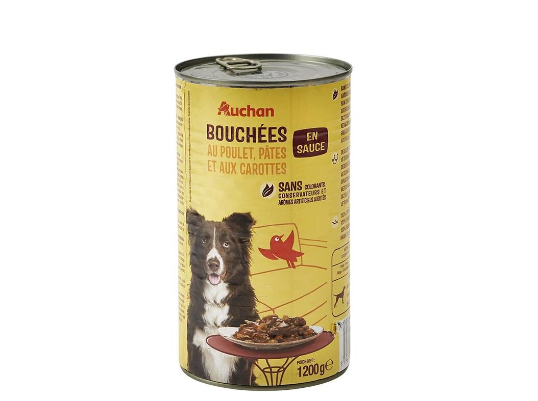 COMIDA H&Uacute;MIDA PARA C&Atilde;O AUCHAN PEDA&Ccedil;OS EM MOLHO COM FRANGO COM MASSA E COM CENOURAS 1200G image number 0