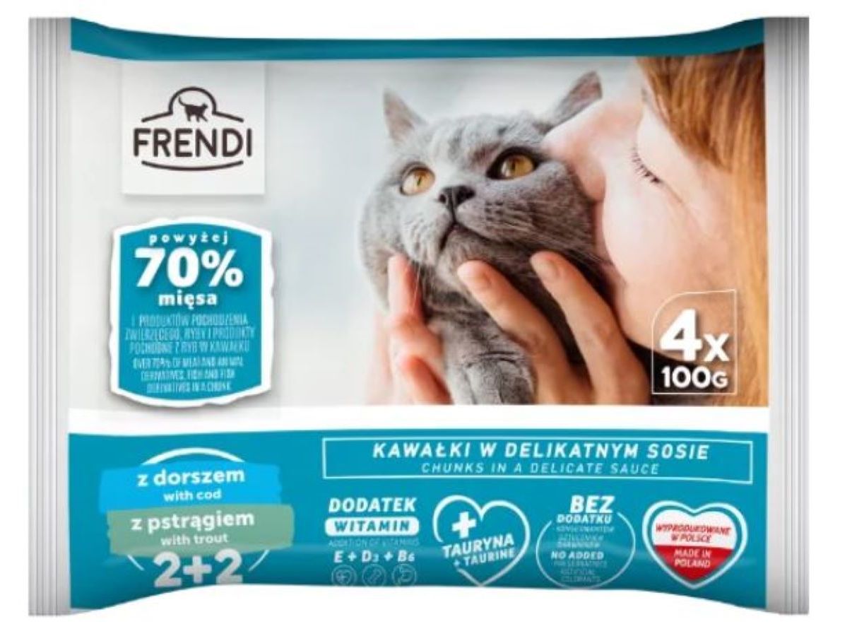 COMIDA H&Uacute;MIDA PARA GATO FRENDI SAQUETAS BACALHAU/TRUTA 4X100G image number 1