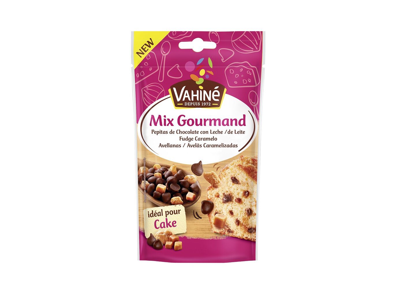 PEPITAS DE CHOCOLATE VAHIN&Eacute; CARAMELO E AVEL&Atilde;S 100G